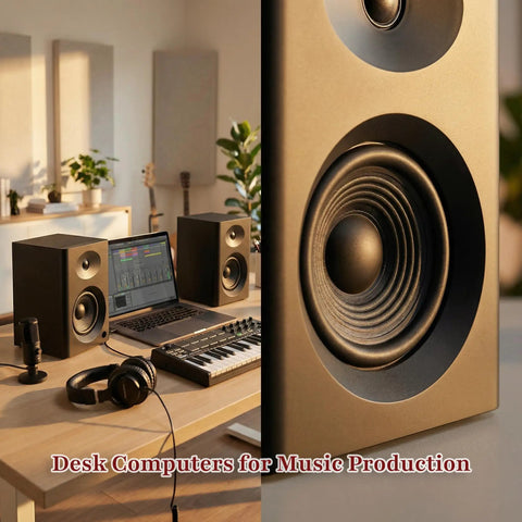 80W Peak Bluetooth 5.3 Bookshelf Speakers With 4 Inch Woofer and 1 Inch Silk Dome Tweeter on desk with music setup