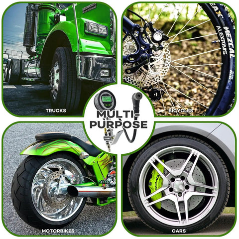 Collage showing trucks, bicycles, motorbikes, and cars with Digital Bicycle Tire Inflator Gauge With Auto Select Valve Head highlighted.