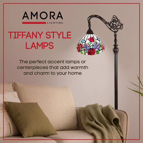 Tiffany Inspired Arched Stained Glass Floor Lamp 62 Inches Tall With Foot Switch in living room next to beige sofa.