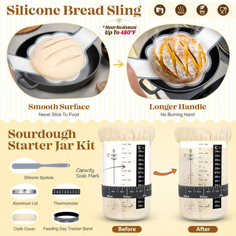 Ultimate Sourdough Starter Kit For Home Bakers with silicone bread sling and starter jar before and after proofing.