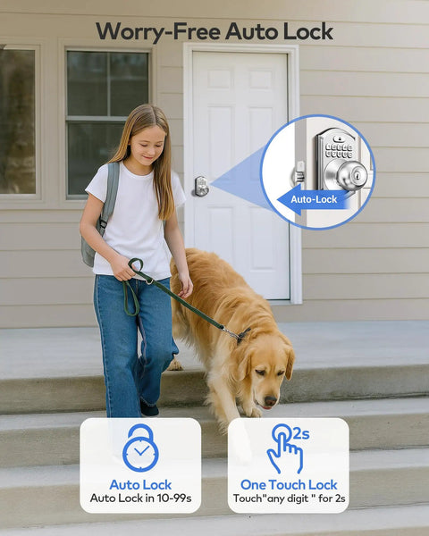 Heavy Build Satin Nickel Keypad Door Knob Lock Keyless Entry Handle with a child and dog, showcasing auto-lock features.