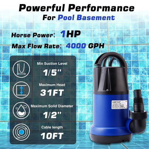 Heavy Duty Submersible Sump Pump With Automatic Float Switch, 1Hp Portable Utility Water Pump, 10Ft Cord, blue housing.