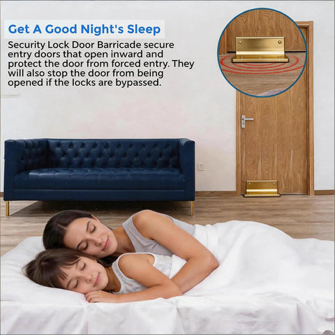 Heavy Duty Floor Door Lock And Security Barricade Anchors Interior Doors tight to the floor with gold frame near sleeping mother and child.