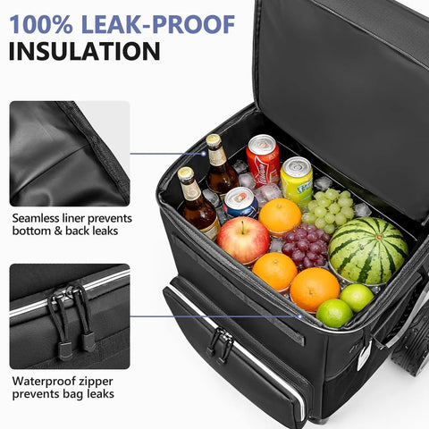 Large Collapsible Soft Sided Cooler On Wheels With A Big 7 Inch Wheel 84 Can Capacity Perfect For Beach Trips Camping Fishing And Road Trips 20 Plus Hour Ice Retention Leakproof And Anti Tipping Design with open lid showing cans and fruits inside.