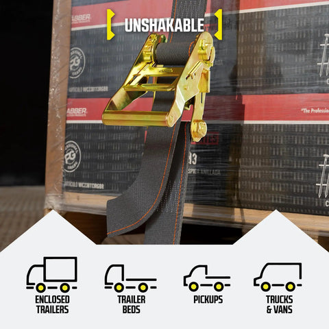 Heavy Duty 2 Inch by 16 Foot Ratchet Tie-Down Straps For E Track With Spring Fittings securing boxes in a truck, 1000 lb load