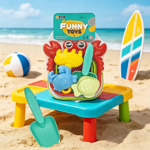 Epic Beach Toy Set For Kids With Folding Bucket And Construction Tools on colorful table by the sea