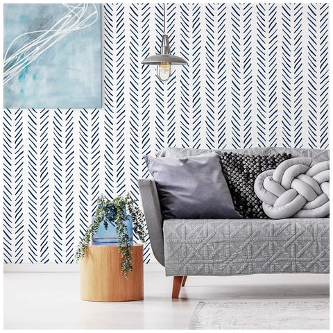 Living room with Peel And Stick Navy White Chevron Wallpaper For Walls Removable Vinyl Self Adhesive Mural With Textured Matte Finish