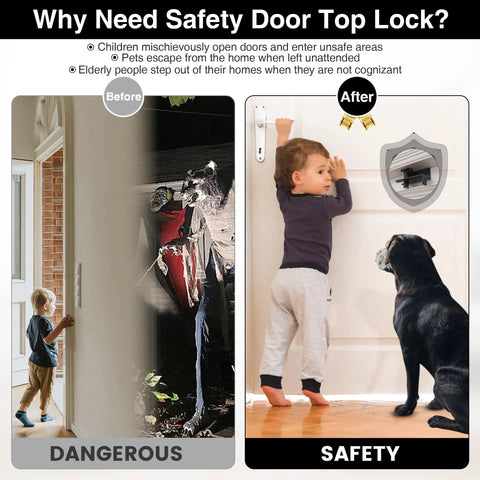 Adjustable Heavy Duty Top Mount Door Lock For Kid And Pet Safety With Smooth Two Way Release For French Or Sliding Interior Exterior Doors Tough As Nails Quick Install In Sleek Black Metal image showing before and after safety scenarios.