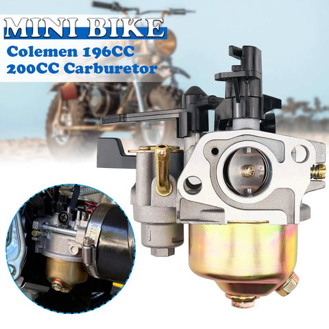 Beefed Up Carburetor With Main Jet Kit for 196cc 200cc 212cc Mini Bikes, featuring manual choke and fuel shutoff for reliable startup.
