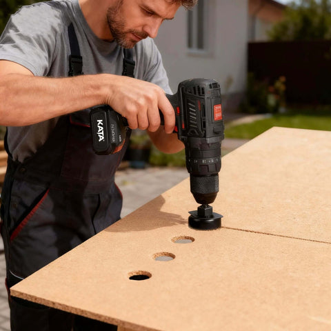 KATA cordless drill with hole saw attachment drilling holes in an OSB board; side view.