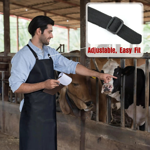 Man wearing extra long waterproof vinyl apron with adjustable neck strap and long waist ties while tending cows