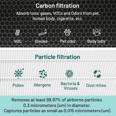 Air Purifier Replacement Filter 2 Pack For JF999 3 In 1 True HEPA 13 With Activated Carbon filter diagram showing particle filtration levels