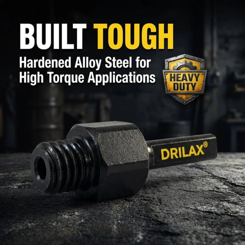 Universal Five Eighths To Three Eighths Drill Adapter Attachment With Threaded Arbor Shaft shown in hardened alloy steel