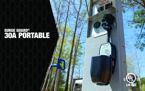 Beefy 30A Portable Surge Guard With Cover For Outdoor Use, Easy Pull Handle visible on a power pedestal in campsite setting