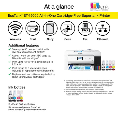 EcoTank Wireless Color All In One Printer With Scanner And Copier, Fax, Ethernet, Supertank System, Printing Up To 13 By 19 Inches, White Ideal For Home Office And Small Business Use, shown with features and ink bottles.