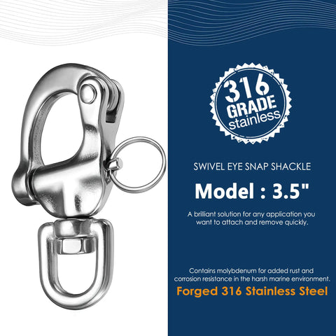 Built Tough 316 Stainless Steel Quick Release Snap Shackle Heavy Duty Marine Hardware for boat rigging, 3.5-inch size.