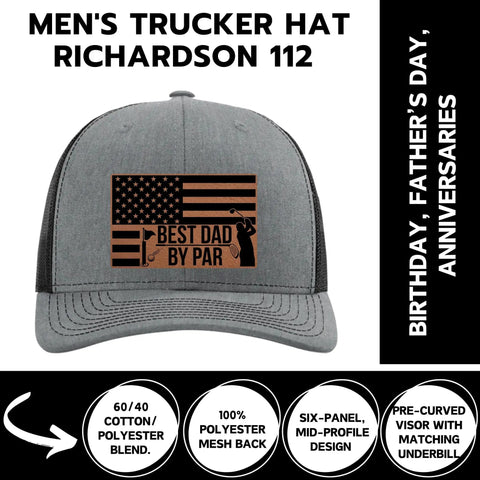 Funny Golf Hat For Men Best Dad By Par Cap with flag and golf graphic on gray and black hat, suitable for Fathers Day gifts.
