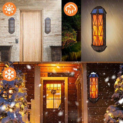 74 LED Flickering Flame Solar Wall Lights Outdoor Sconces Auto On Off Waterproof Lanterns installed on house exterior.