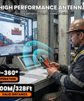Worker using Eight Button Wireless Crane Remote Control for 12V Lift with Two Transmitters, 100 m range, at control station