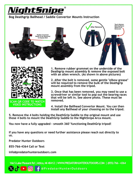 Instruction sheet for DeathGrip Ball Head Conversion Kit showing installation steps with images and contact info for Predator Hunter Outdoors.