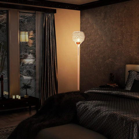 Cozy bedroom with Crystal Floor Lamp in Rose Gold with Remote Control, ambient glow illuminating the space, creating a modern vibe.