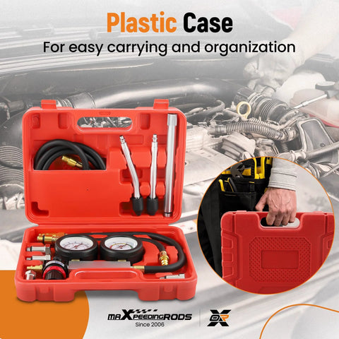 maXpeedingrods cylinder leak-down tester kit in red plastic case with dual gauges, hoses, and extension rods front view