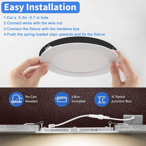 Hands holding Six Pack 5 Inch Recessed LED Downlights With Junction Box 5CCT Tunable 2700K To 5000K 10W Equiv 70W Dimmable Ultra Thin