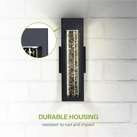 14 Inch Front Wall Light Fixture Outdoor Sconce Black 12W 600LM Waterproof Dimmable 3CCT 3000K 4000K 5000K ETL Listed Exterior Garage Lighting 2 Pack Bundle mounted on white brick wall with detail inset