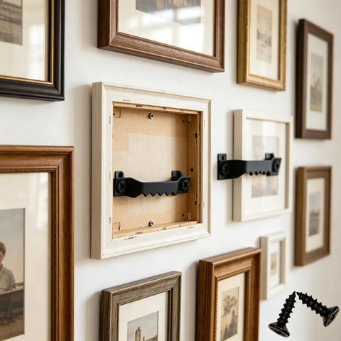 50 Pack Small Sawtooth Picture Hangers with Screws mounted on photo frames on a gallery wall