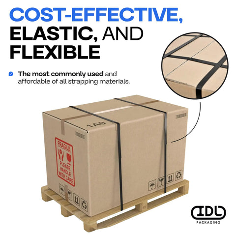 No Gimmicks Heavy Duty Half Inch Polypropylene Strapping Kit With 7200 Ft Roll Rated 600 Lb Break Strength Includes Hand Tensioner And 1000 Open Seals For Tough Pallet Wrapping And Fast Logistics Moves, secured box on pallet with black strapping.