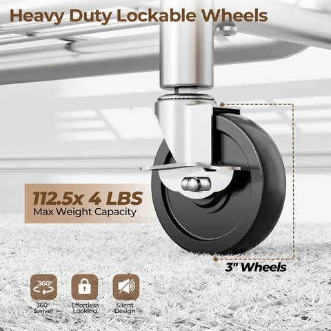 Close-up of heavy duty lockable wheels for Built Like A Tank Heavy Duty Steel Rolling Clothes Rack Holds 450 Lbs, 3-inch size.