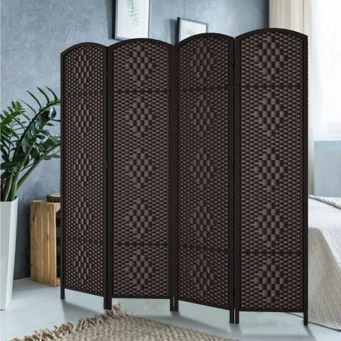 Tall Six Foot Room Divider Four Panel Privacy Screen Freestanding Wall Partition Dark Coffee Finish With Foldable Panels And Two Way Hinges