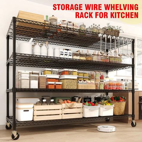 Extra Large Built Tough Four Tier Carbon Steel Wire Shelving Unit With Roller Glide Wheels for No Fuss Garage Pantry Tool Organization Warehouse Shop Storage Cart filled with jars, baskets, and containers.