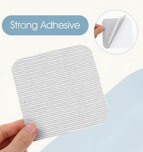 Heavy Duty Self Adhesive Mesh Window Screen Patches Quick Fix Kit, showing strong adhesive vinyl mesh patch in hand.
