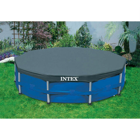 Ready For Summer Kickbacks 10 Ft Round Above Ground Pool Cover With Tight Rope Securing Heavy Duty Debris Shield covering a blue pool.
