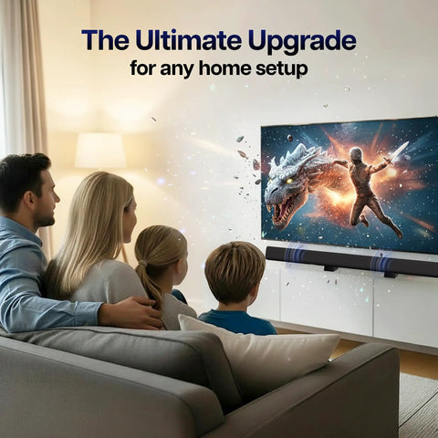 Family watching TV in living room with dragon scene, highlighted by stereo speakers; text 'The Ultimate Upgrade for any home setup.'