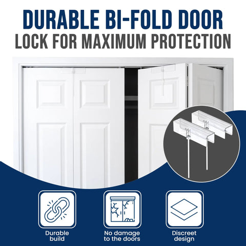 Image of 4 Pack Bi-Fold Door Lock Kit For Closets Kid And Pet Proof No Tools Needed Clear Polycarbonate Ultra Strong Protection For 1 3/8 Inch Wood Doors Discreet Design Easy Install Keeps Kids And Pets Safe, showing installed lock on closet doors.