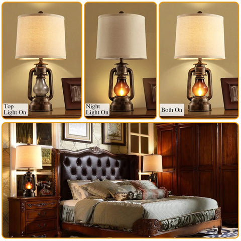 Rustic Farmhouse Lantern Table Lamps Set of 2 With USB Ports, displayed on a bedroom nightstand with top and night light modes.