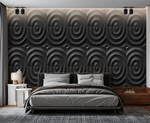 Black Semicircle 3D Wall Panels With Peel And Stick Tape For DIY Interior Wall Decor Pack Of 12 Tiles in bedroom setting.
