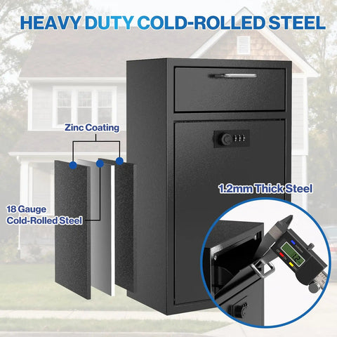 Heavy Duty Wall Mount Lock Box Deposit Safe With Code Lock For Businesses Vertical Tamper Proof Night Deposit And Cash Drop Box Steel Construction Perfect For Retail And Office Use Boss Grade Security, 1.2mm thick 18-gauge steel, shown outside a house