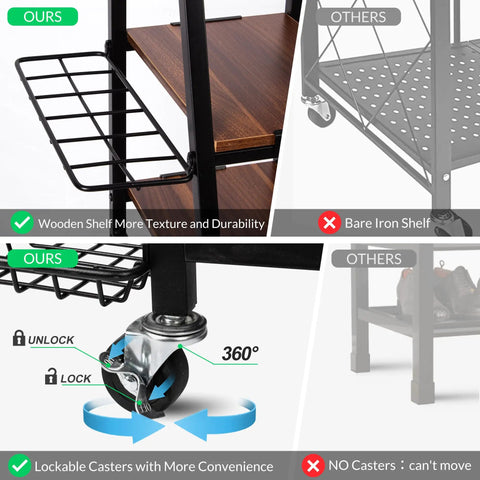 Comparison highlighting wooden shelf and lockable wheels of Triple Golf Bag Storage Rack With Wooden Shelf And Lockable Wheels Indoor Garage Organizer For 3 Golf Bags And Gear Includes Shelves And Hooks For Shoes Hats And Accessories.