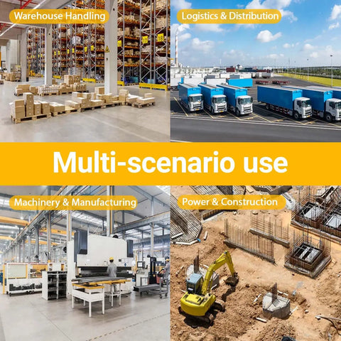 Image depicting multi-scenario use of Forklift Jib Boom Crane With 6000 Lb Capacity in warehouses, logistics, manufacturing and construction.