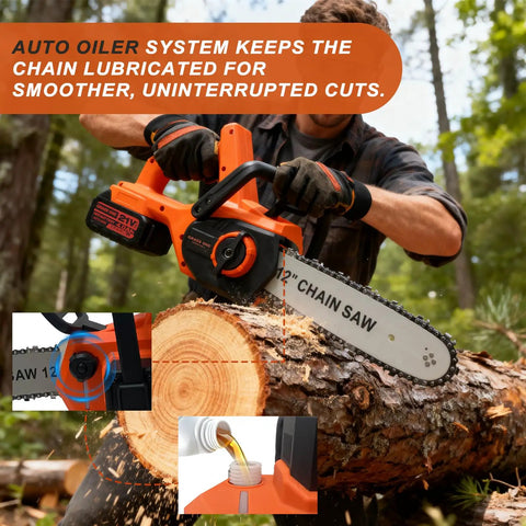 Beast Of A 12 Inch Brushless Cordless Chainsaw cutting log, showing 40 ft/s chain speed, auto oiling feature in forest scene.