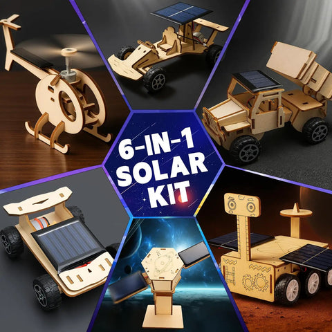 6-In-1 Solar Powered STEM Building Kit For Kids featuring models like a helicopter, car, and satellite with solar panels.