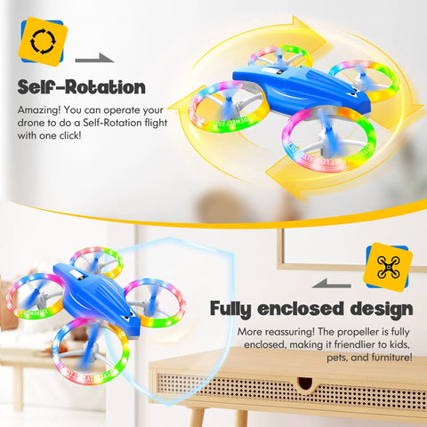 Kids Drone With Cool LED Lights And Easy Fly Controls One Click Takeoff And Landing Headless Mode Altitude Hold 3D Flip Self Rotation
