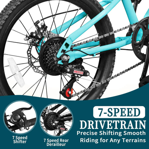 Kid Friendly Mountain Bike 20/24 Inch With 7 Speeds, suspension fork, dual disc brakes, mint green frame close-up of drivetrain