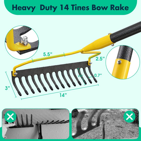 Heavy Duty 60 Inch Bow Rake With 14 Tines All Steel Garden Rake For Lawn And Landscaping Adjustable Handle From 34 To 60 Inches