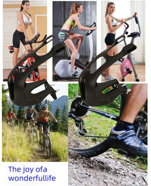 Collage showing Toe Clips With Straps For Universal Bike Pedals Plastic Pedal Foot Covers For MTB And Road Bikes Replacement Clip Belts