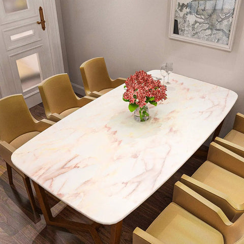 Dining table covered in Pink Marble Peel And Stick Contact Paper Matte Finish, Waterproof And Oil Proof Self Adhesive Wallpaper