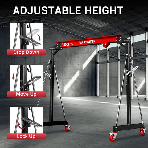 1.5 Ton Portable Gantry Crane With Adjustable Height From 8.53 To 12.47 Feet And A 6.56 Foot Span, steel I beam, red finish.